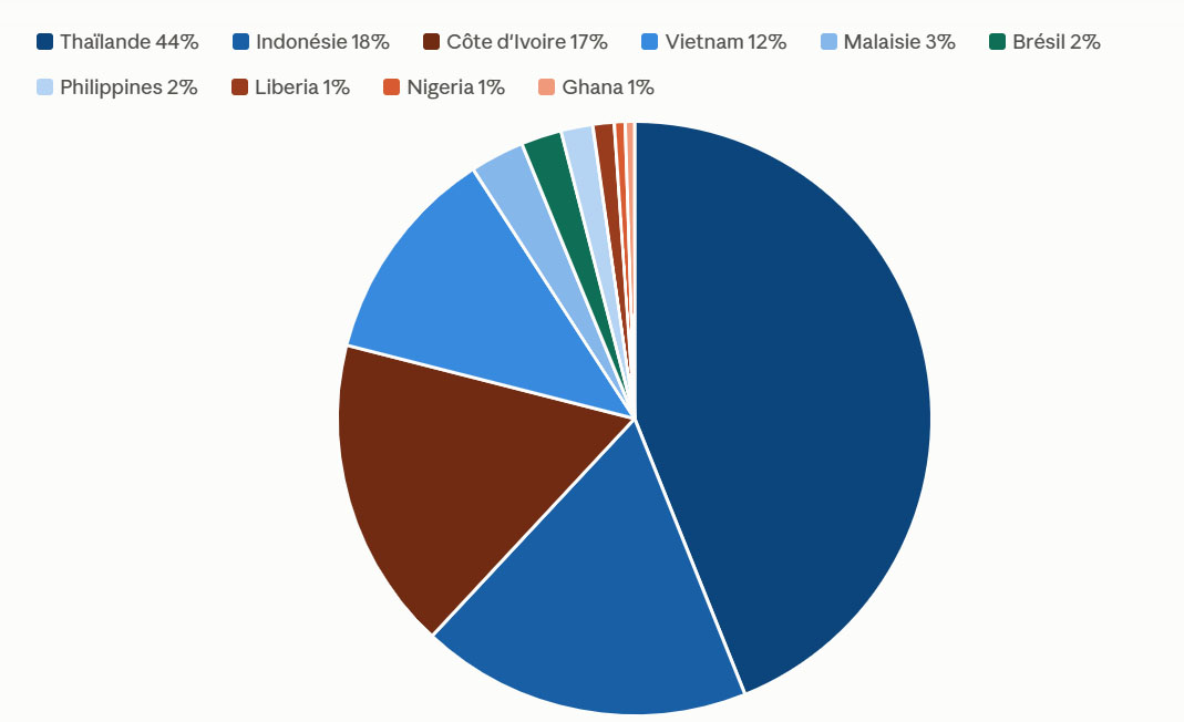 Répartition de la production mondiale de caoutchouc 2025
